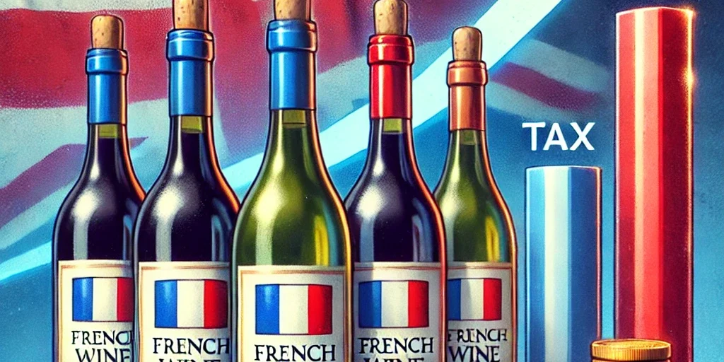 An editorial illustration depicting the impact of new wine taxation in the UK. In the foreground, several French wine bottles are displayed, with subt l'impact de la nouvelle fiscalité sur les vins au Royaume-Uni