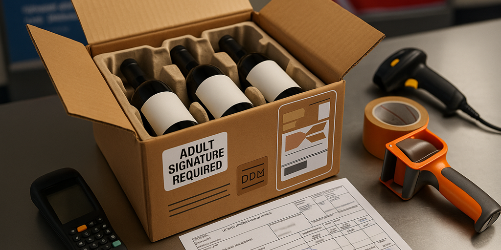 Article USA Viticolis Colis de vin prêt pour export USA avec documents douaniers et étiquette de signature adulte.