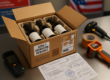 Colis de vin prêt pour export USA avec documents douaniers et étiquette de signature adulte.