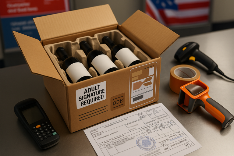 Colis de vin prêt pour export USA avec documents douaniers et étiquette de signature adulte.