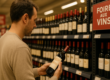Consommateur comparant une bouteille dans un rayon vins de grande surface pendant la Foire aux vins.