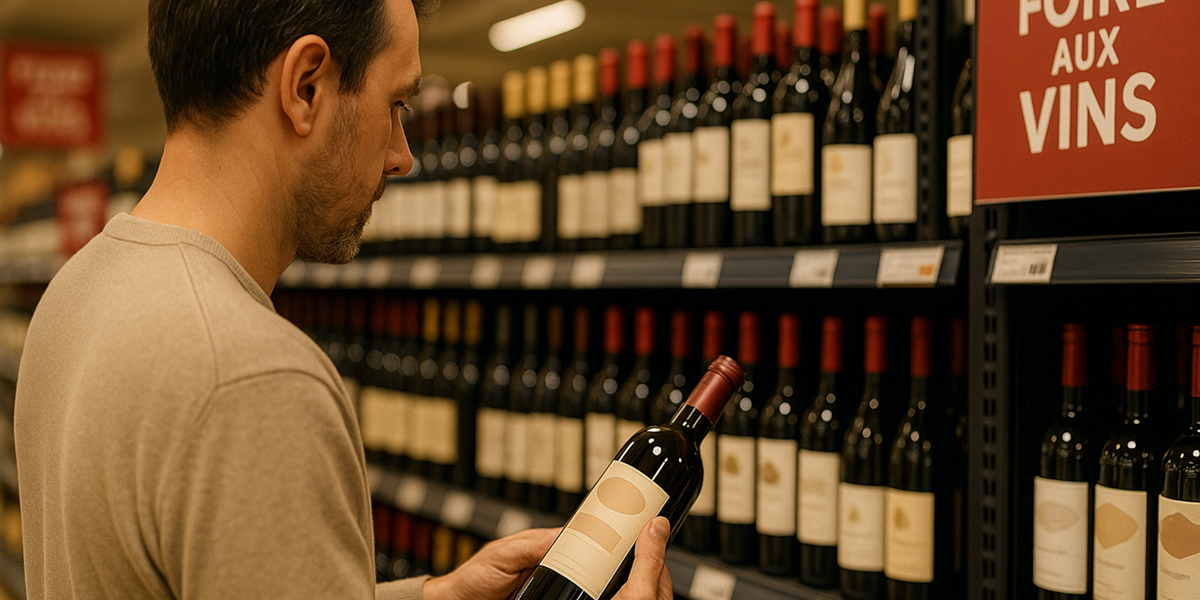 Rayon vins GSA – Foire aux vins – Viticolis 2 Consommateur comparant une bouteille dans un rayon vins de grande surface pendant la Foire aux vins.