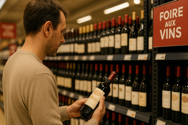 Rayon vins GSA – Foire aux vins – Viticolis 2 Consommateur comparant une bouteille dans un rayon vins de grande surface pendant la Foire aux vins.