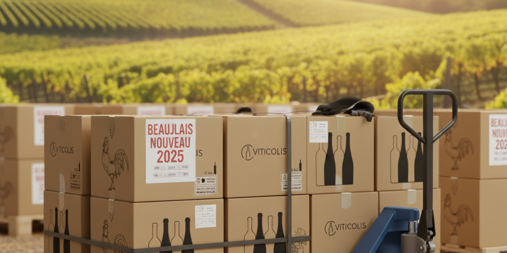 Palette de cartons “Beaujolais Nouveau 2025” prête à l’expédition dans un entrepôt