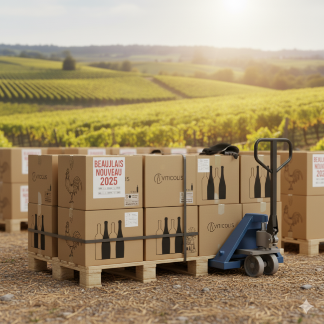 beaujolais-nouveau-2025-logistique-viticolis 20, 2025 – 4_24PM Palette de cartons “Beaujolais Nouveau 2025” prête à l’expédition dans un entrepôt