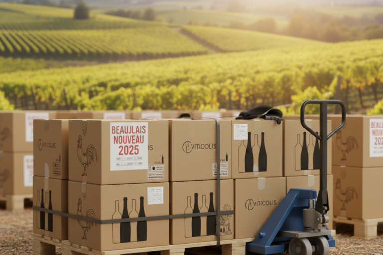 Palette de cartons “Beaujolais Nouveau 2025” prête à l’expédition dans un entrepôt