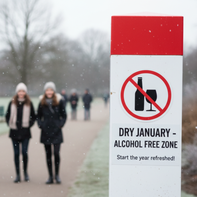 Panneaux avec la mention Dry January : zone avec 0% d'alcool