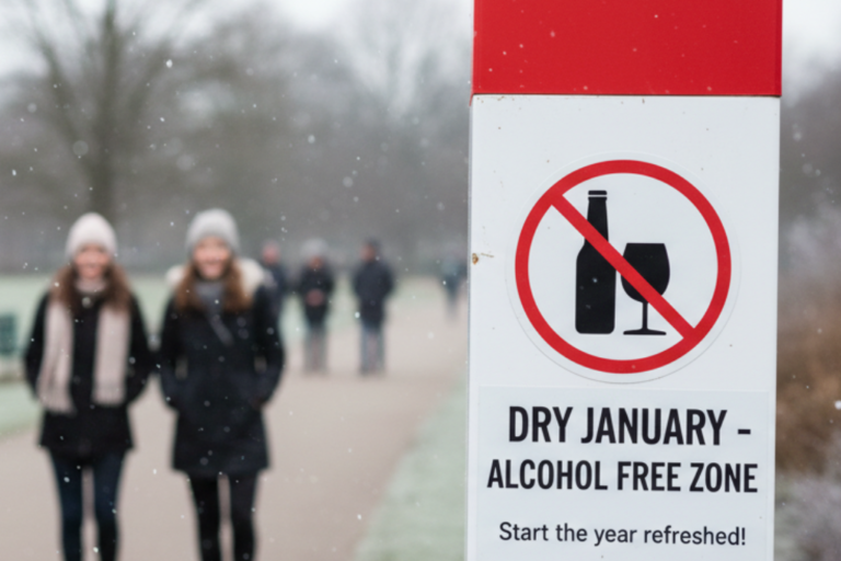 Panneaux avec la mention Dry January : zone avec 0% d'alcool
