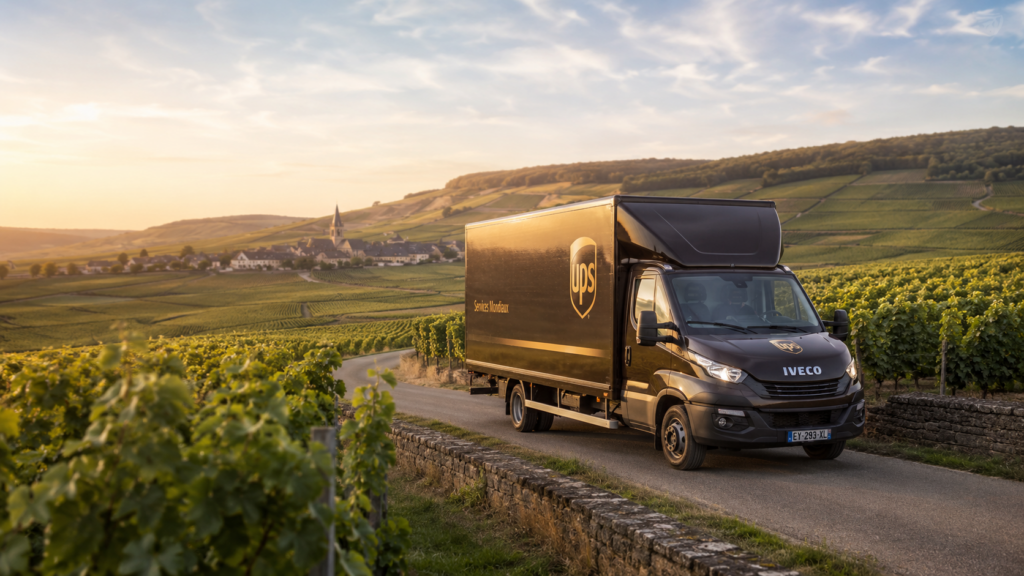 Camion UPS devant des vignes pour la livraison de vin